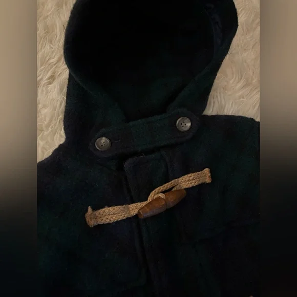 Vintage 90s Ralph Lauren Toggle Coat 100% Wool Duffle Green Plaid Long Overcoat - Picture 2 of 6